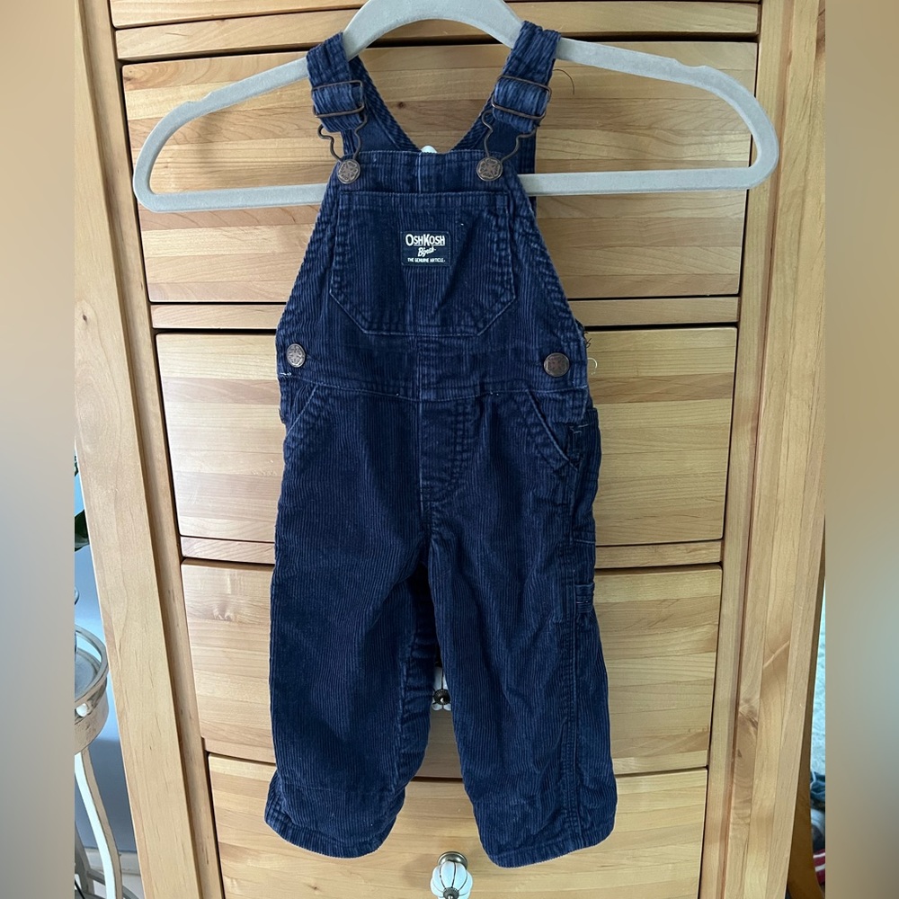 OshKosh B'Gosh Navy Corduroy Overalls Baby Boy with plaid hem